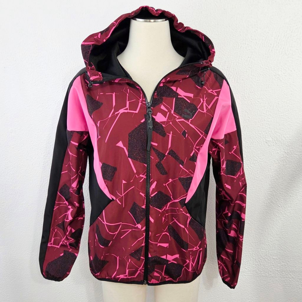 Puma red hot pink hooded athletic jacket black women's size large L